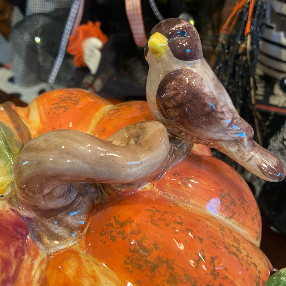 Ceramic pumpkin tureen with Bird and great detail (spoon included)